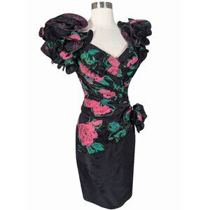 Vintage 80s Red Rose Floral Print Ruffle Sleeve Prom Cocktail Party Dress M